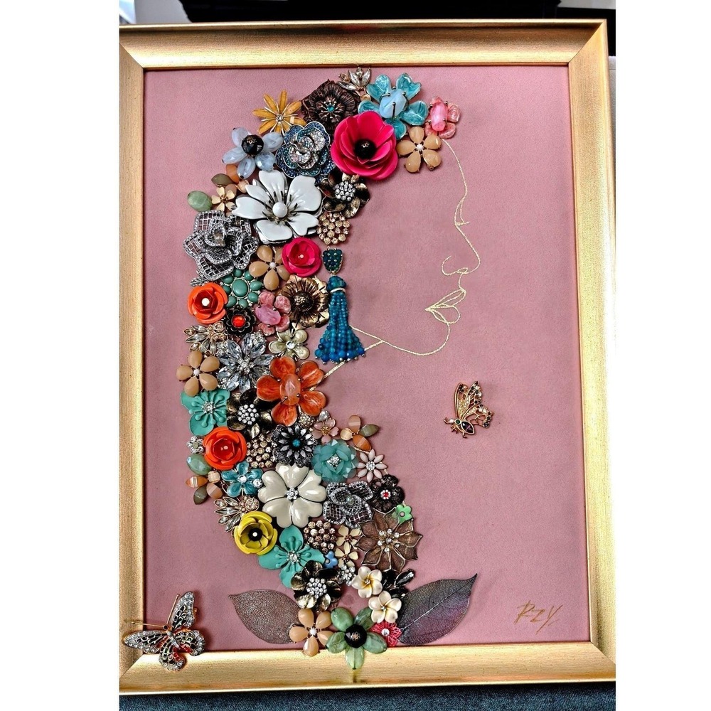 Vintage Jewelry Art Flora Goddess Floral Mosaic Framed Mixed Media Wall Decor